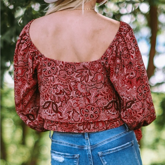 Square Neck Floral Bandana Crop Blouse Bohemian Top - Picture 2 of 15